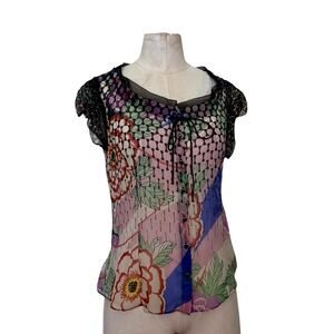Elie Tahari Silk Sheer Floral Geometric Cottage Print Blouse XS